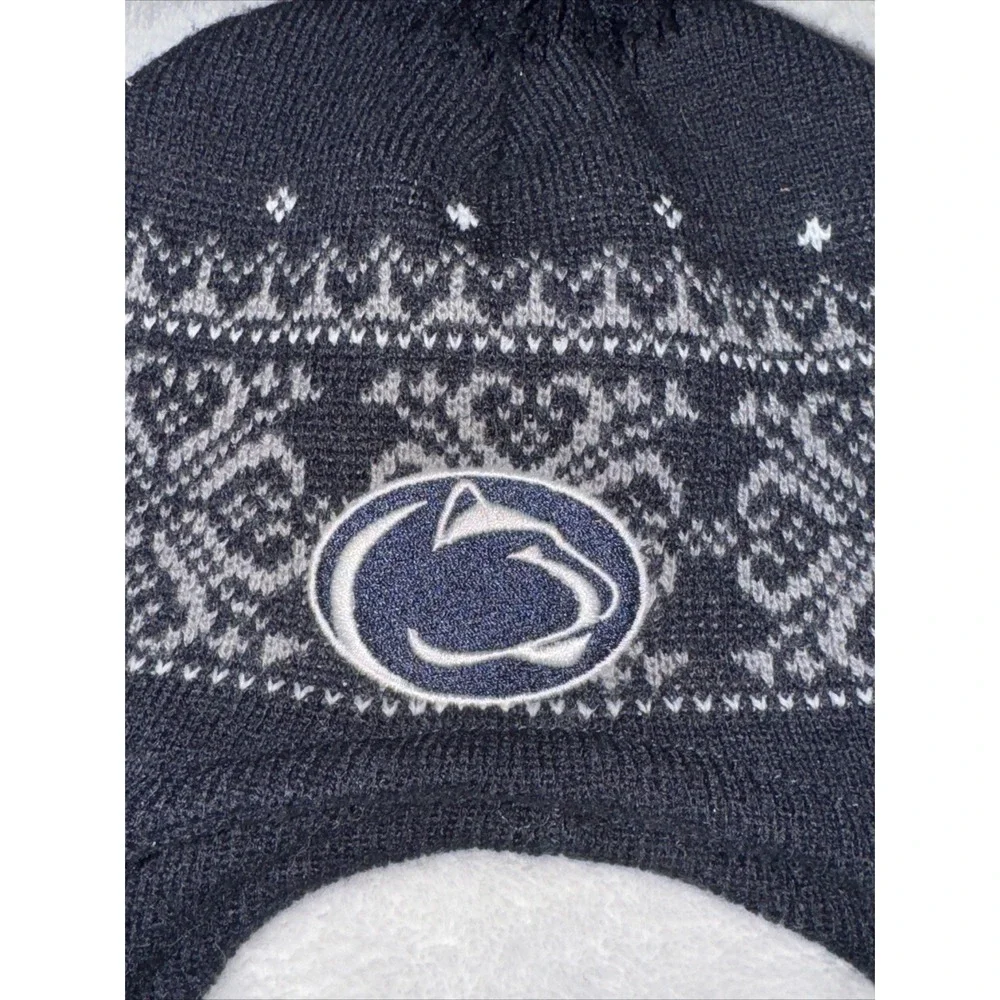 Penn State Winter Trapper Hat Fair Isle Pom Pom Tassels Youth One Size Navy